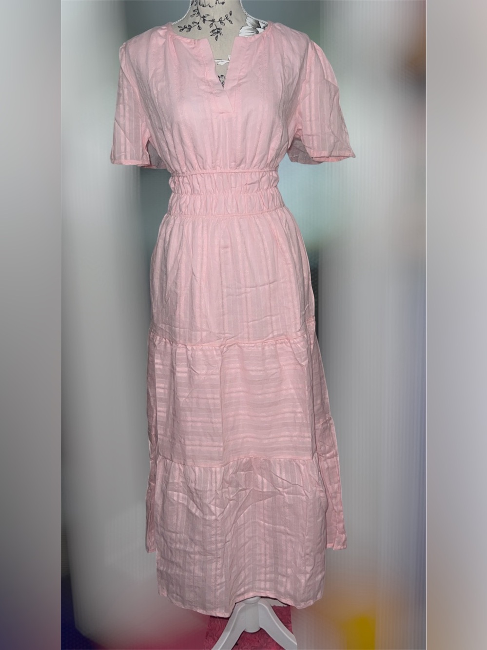 Pink Tiered Maxi Dress with Smocked Waist - Picture 2 of 3